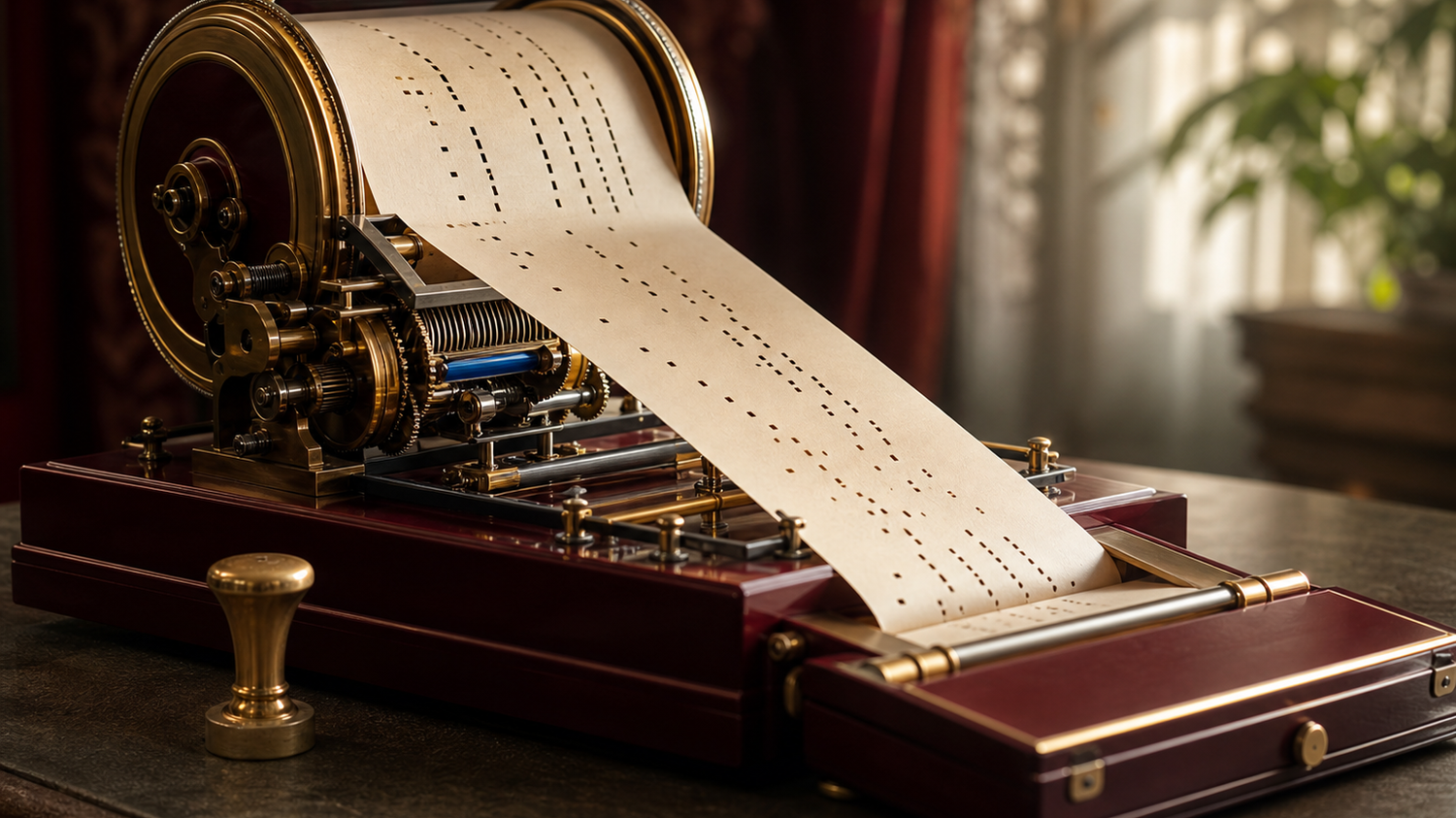 Pianola-leeskop met blanco geperforeerde notenrol die diagonaal naar een moderne archiefcassette loopt, met messing zegelstempel