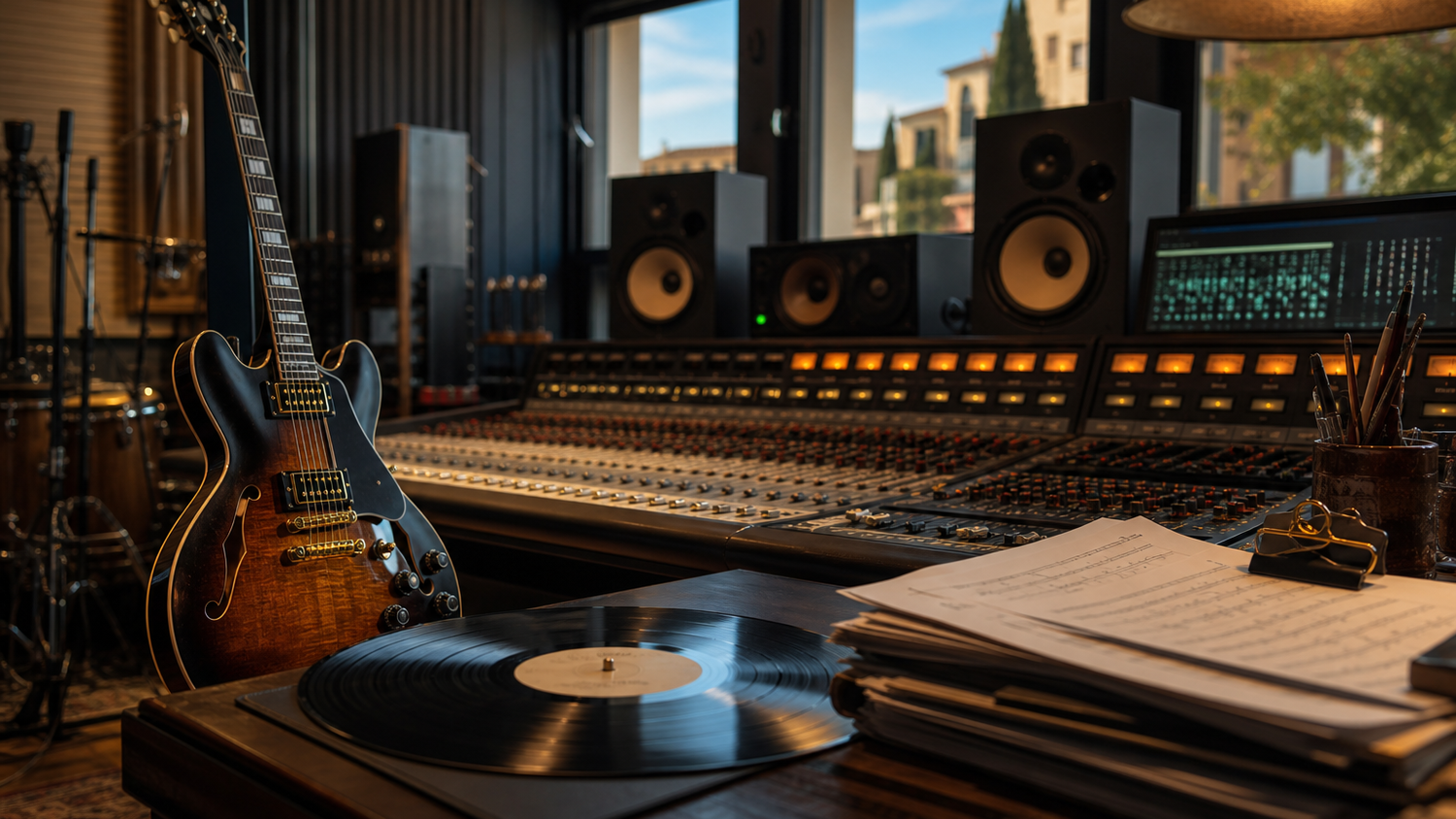 Gitaar, vinyl, mengtafel en contractstapel in een opnamestudio voor sessiemuzikanten en naburige rechten