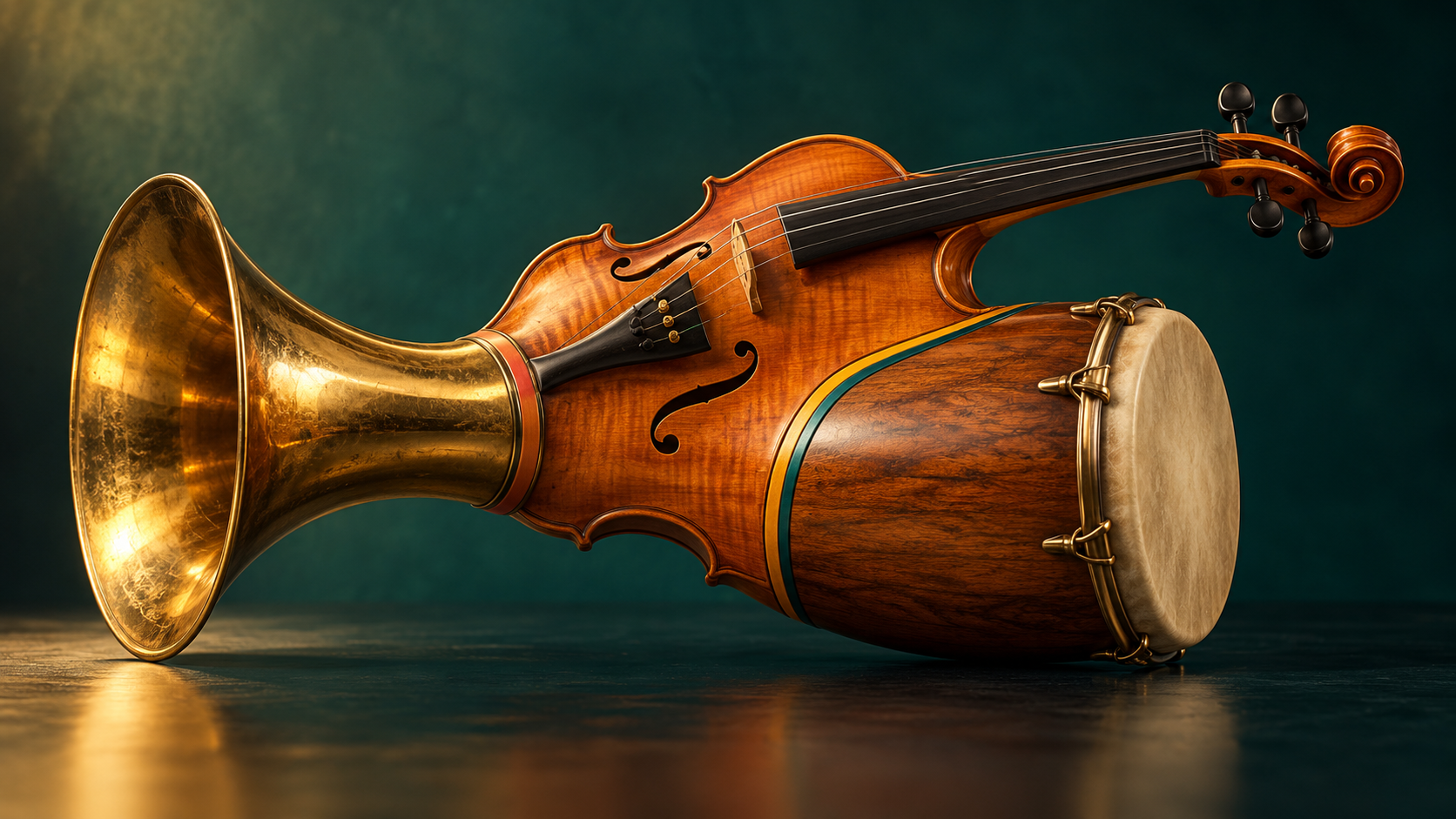 Eén muziekinstrument samengesteld uit een messing trompetbeker, een vioolcorpus met krul en een congatrom, met gekleurde naden tussen de drie delen