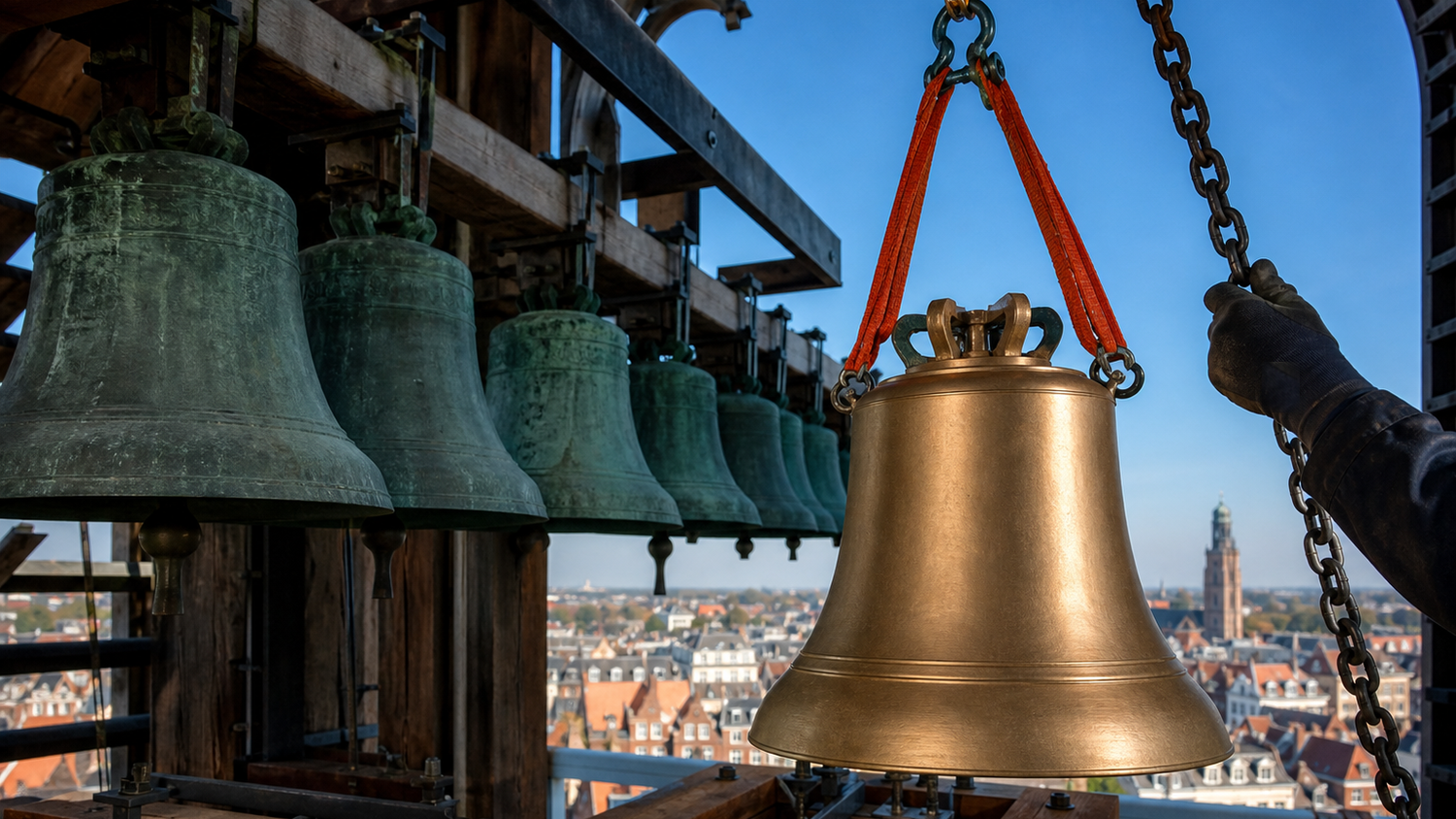 Klokkenkamer van een Nederlandse toren waar een nieuwe bronzen beiaardklok in oranje hijsbanden aan een kettingtakel hangt naast de bestaande rij groene klokken