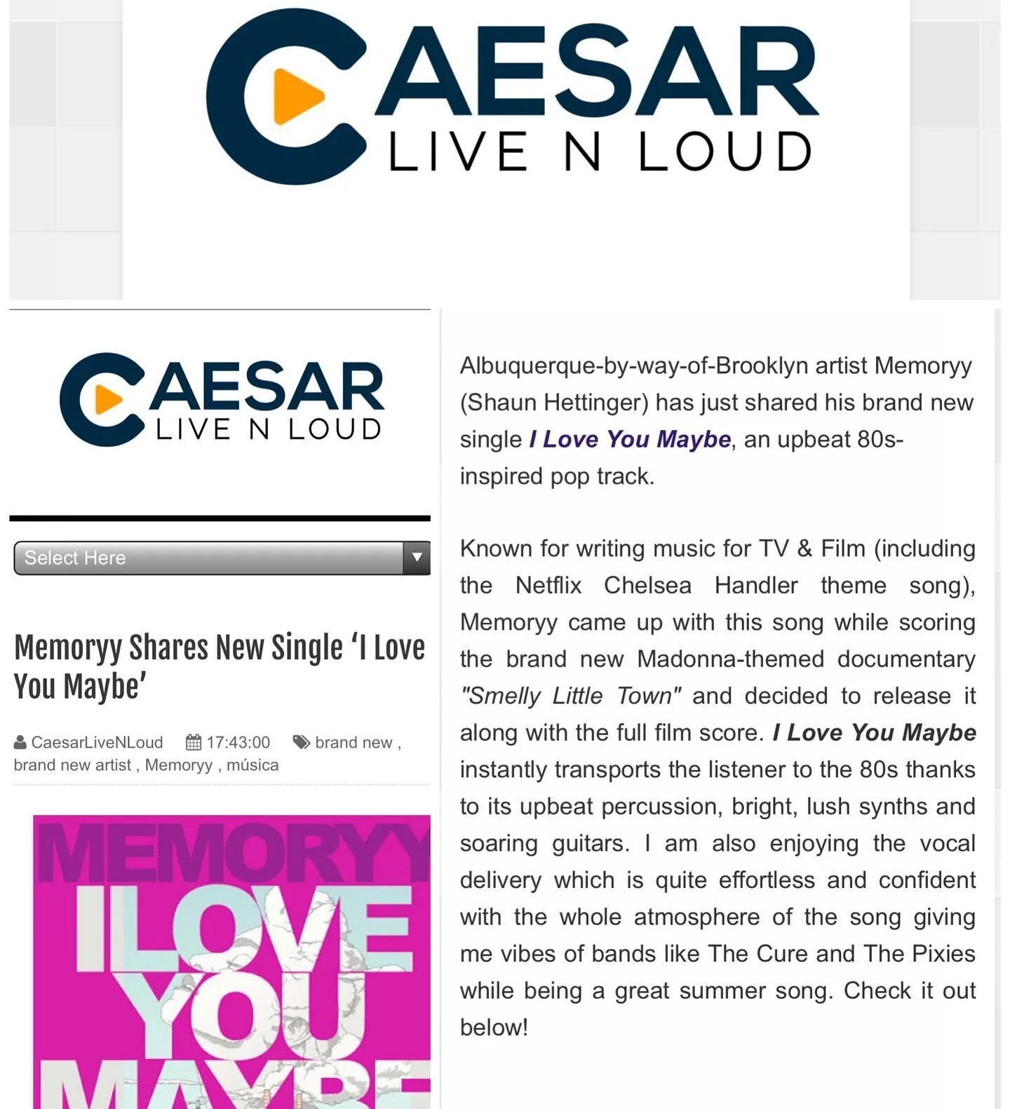 Huge thanks to @caesarlivenloud for the write-up on my new track 🙌