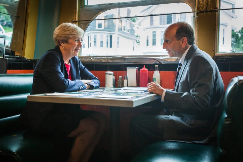 Saturday, July 13, 2013 - Dan Wolf talk to patrons at the Owl Diner in Lowell prior to the launch of his campaign for Governor of Massachusetts at the state democratic party platform convention. (© 2013 Eric Haynes)