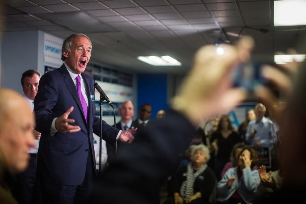 Monday November 3, 2015 - Senator Ed Markey rallies a crowd at Marth Coakley Campaign HQ in Somerville on the eve of the statewide election. (Photo: Eric Haynes)