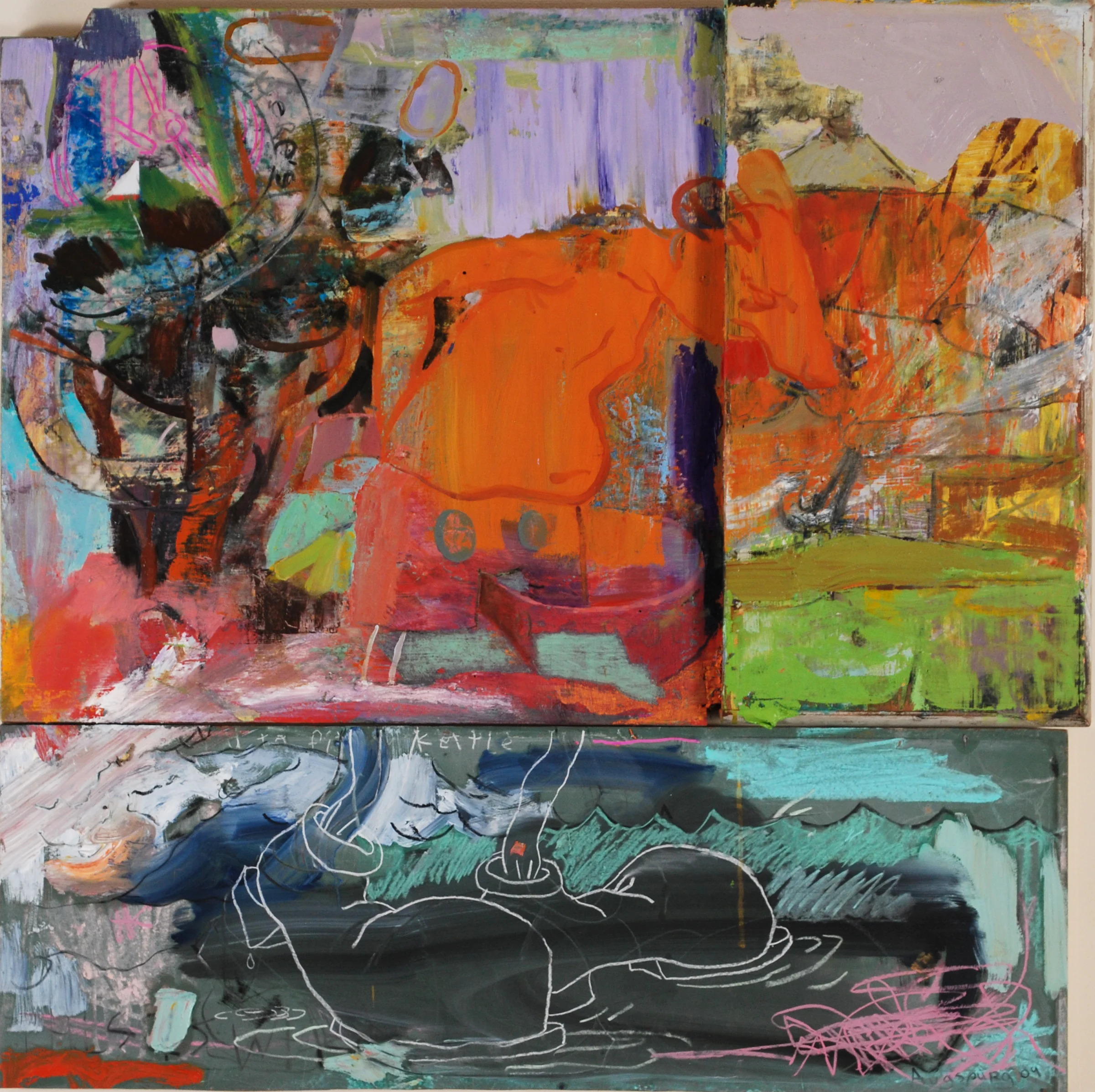  Walked On Water.              oil and chalk on panel 32"x32 