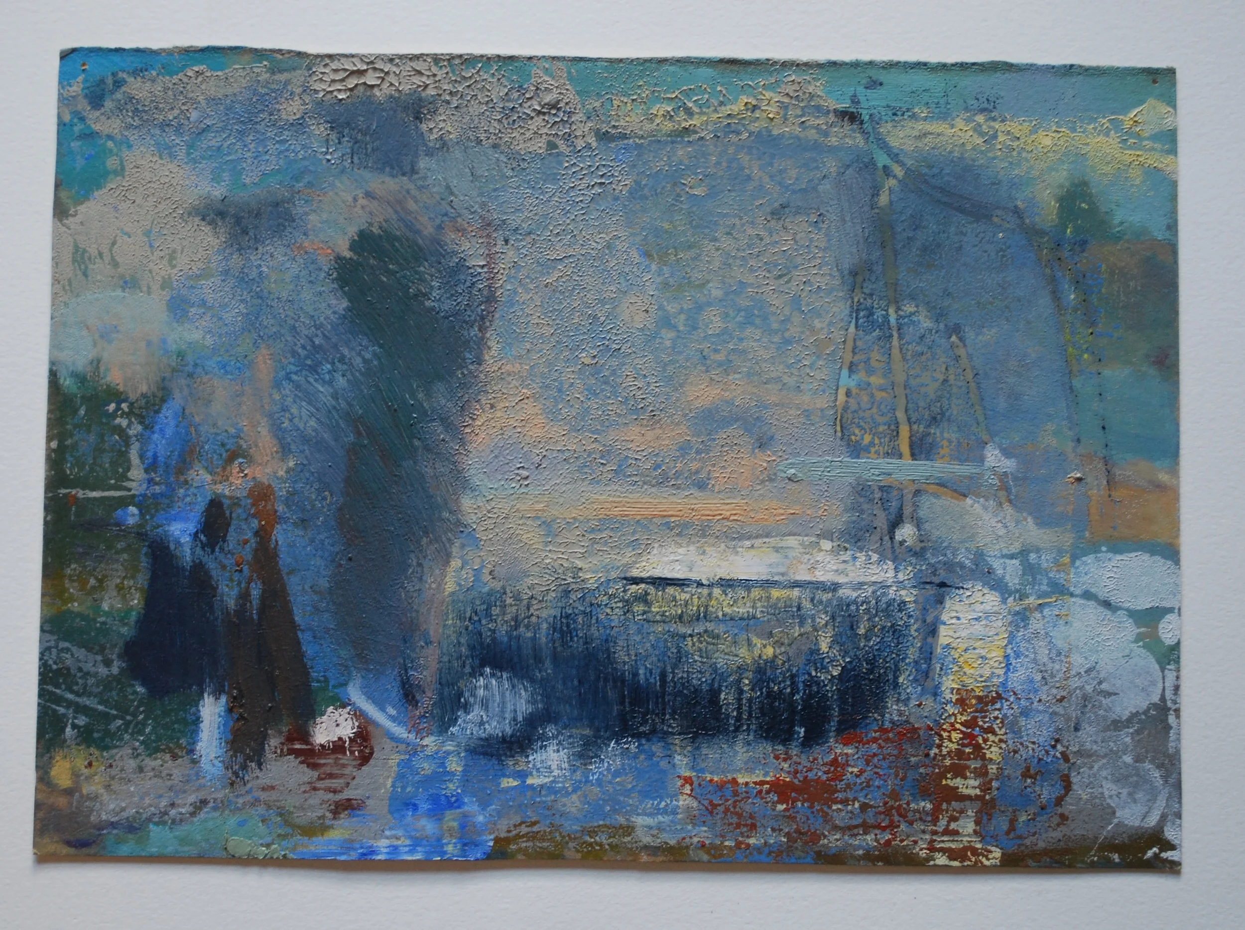 Monotype thats reminiscent of hudson river school. Mixed media on paper