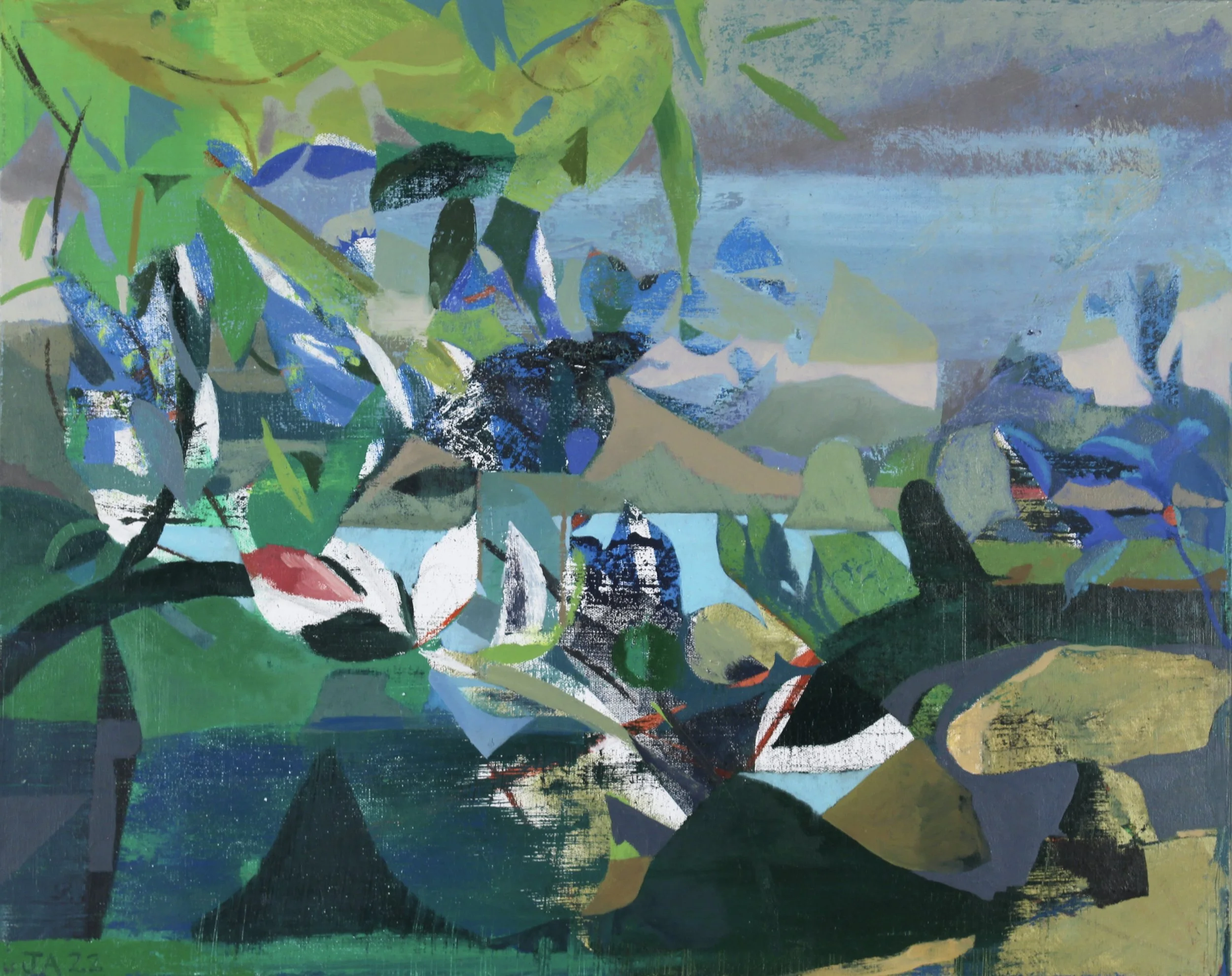  Through the Leaves on the River.  oil on canvas 24”x36” 