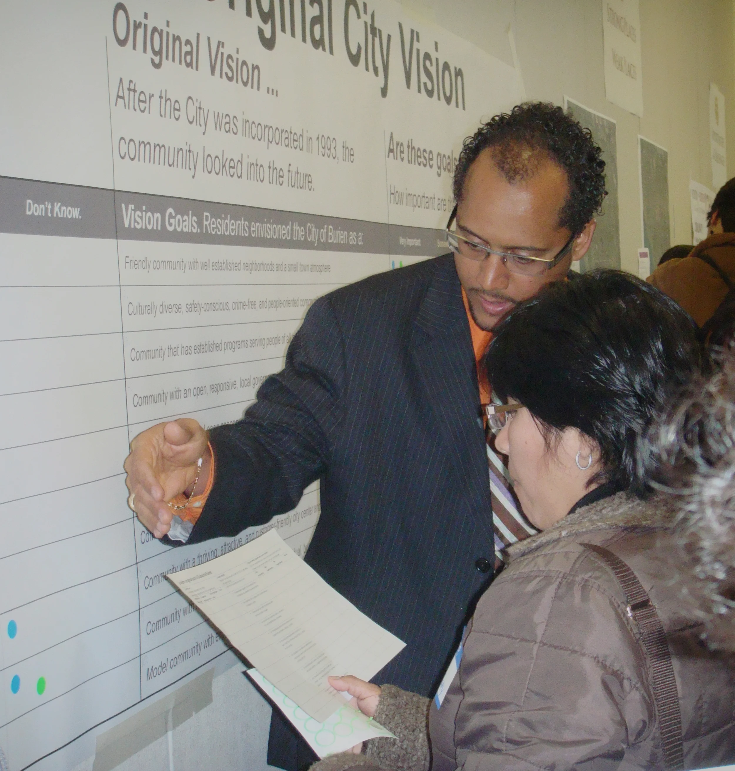 Burien residents participated in multi-lingual community meetings through hands-on activity stations, electronic voting, paper surveys, and large group discussions.