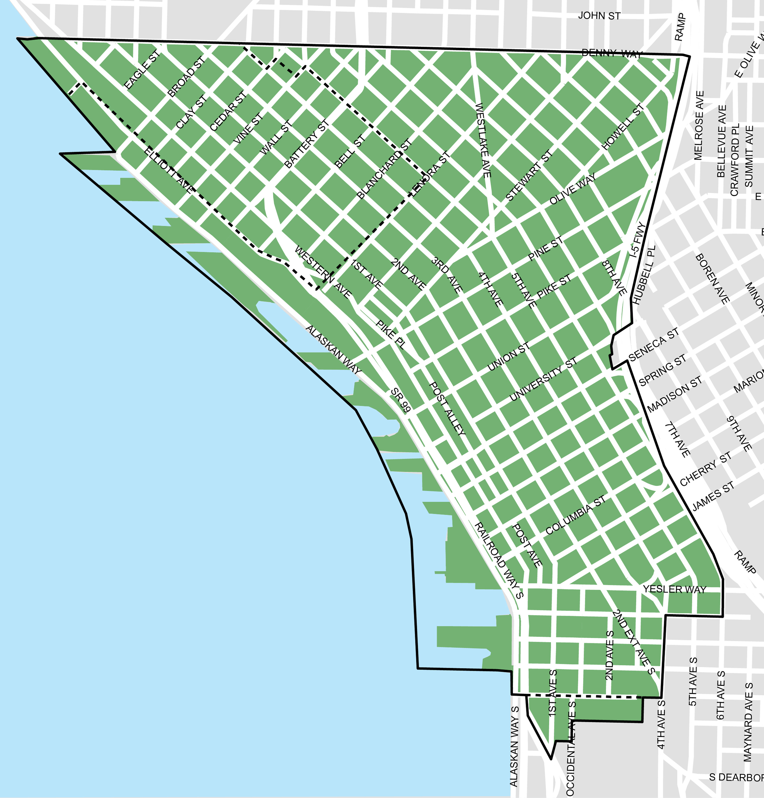 The Metropolitan Improvement District encompasses 225 square blocks of Downtown Seattle, including the Retail Core, Pioneer Square, the Waterfront, West Edge, and Denny Triangle neighborhoods.