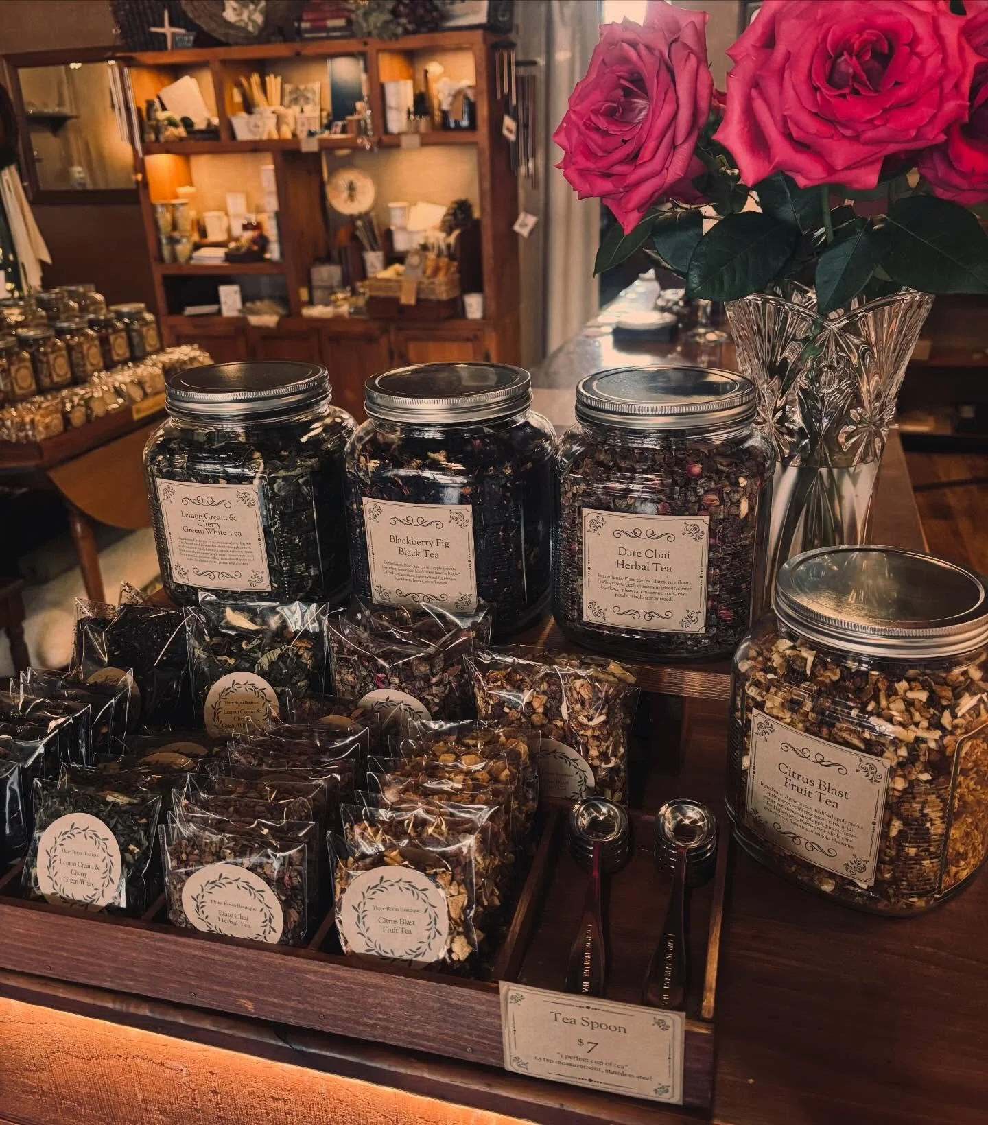 This is a special little corner in our shop where new teas are introduced! 🫖

New this week:
Date Chai Herbal Tea
Lemon Cream &amp; Cherry Green &amp; White Tea
Blackberry Fig Black Tea
Citrus Blast Fruit Tea

#teashop #easttexas #gladewatertx