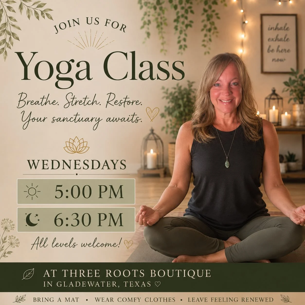 We want to see you relaxed. John is for yoga on Wednesdays. 

#gladewatertx