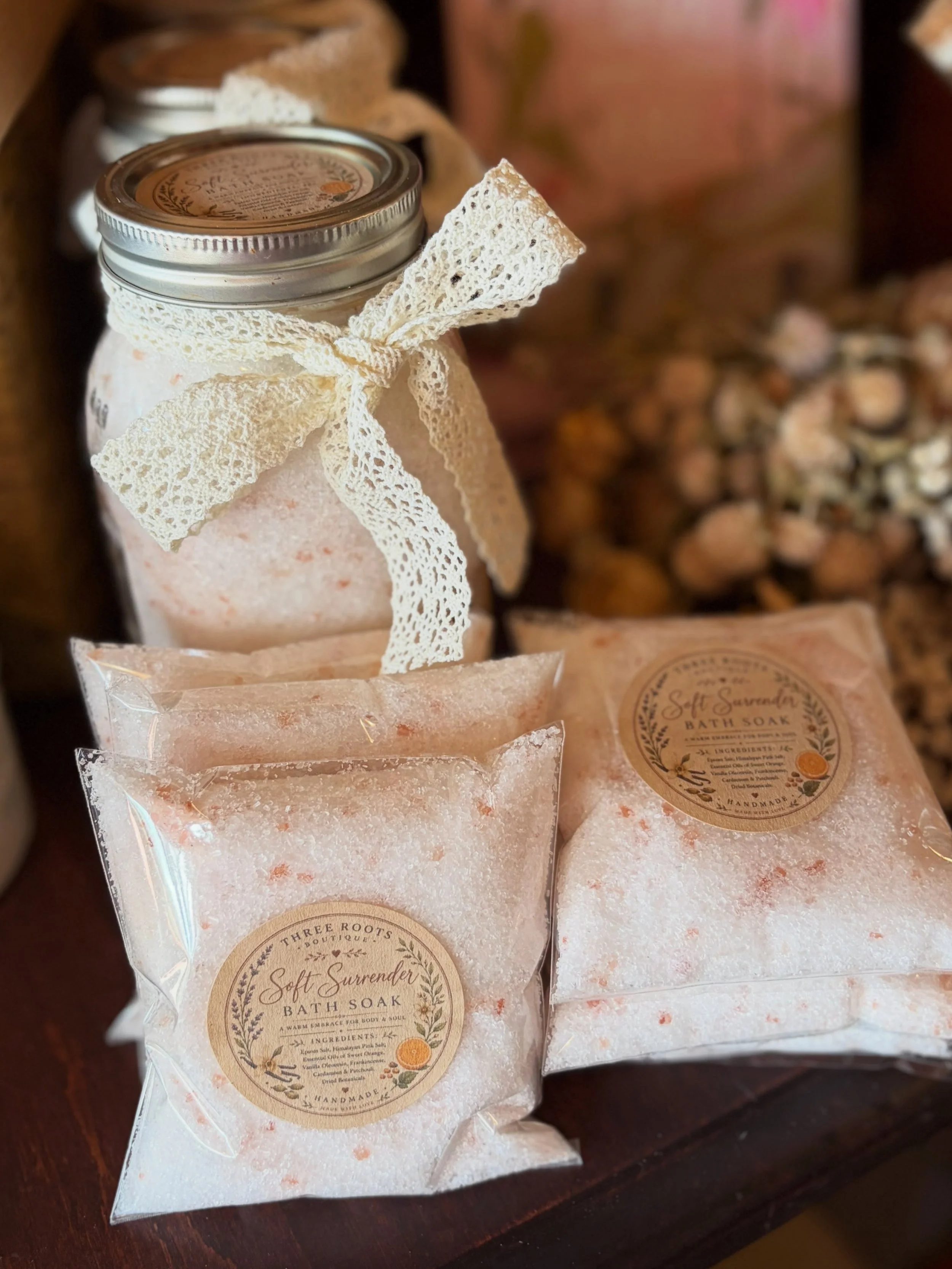 This one... I designed for me. Soft Surrender Bath Soak is sensual, relaxing, grounding, soothing, and cozy.
Blended with essential oils of orange, frankincense, vanilla, cardamom, and patchouli... what's not to like? 😉 

Good thing I have a beautif