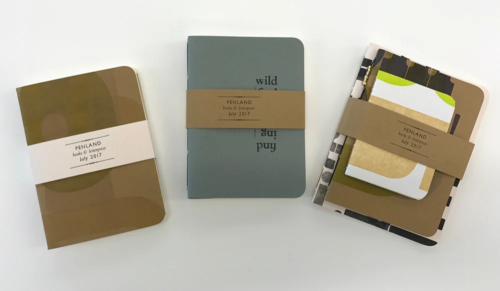 Pamphlet-bound notebooks with covers letterpress-printed from wood type. Belly band printed by instructor from metal type.