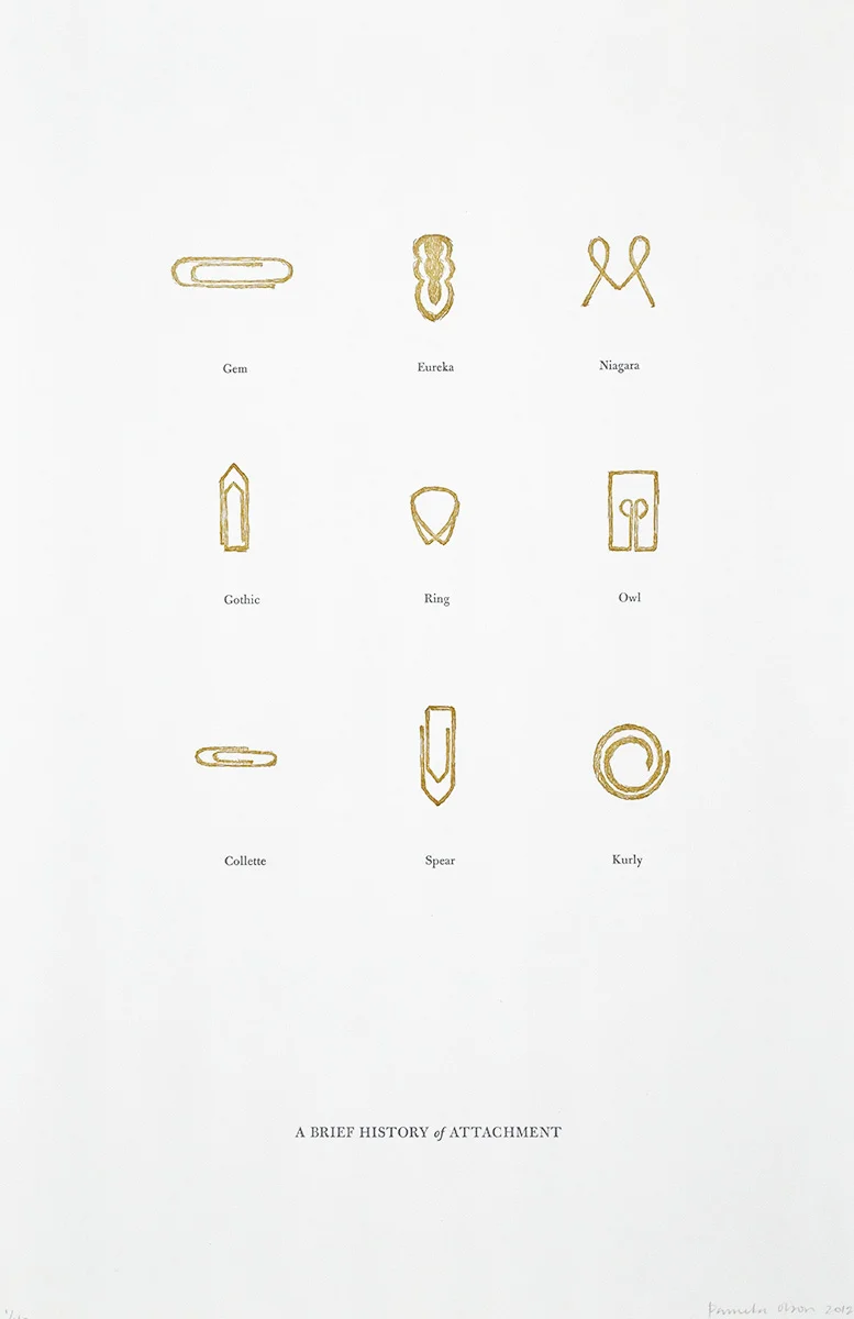 A Brief History of Attachment Designed and letterpress-printed from metal type and photopolymer plates of original drawings, 2012. A sampling of paperclips listed in chronological order by invention date.