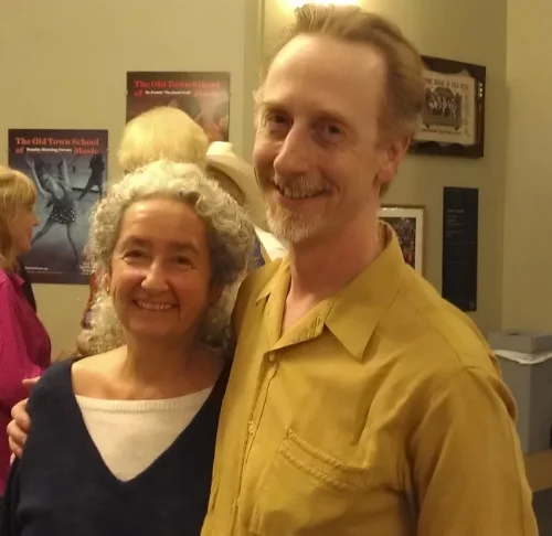 Woody Guthrie's daughter, Nora and me at the Woody Guthrie Centennial Celebration I produced at the Old Town School in 2012.