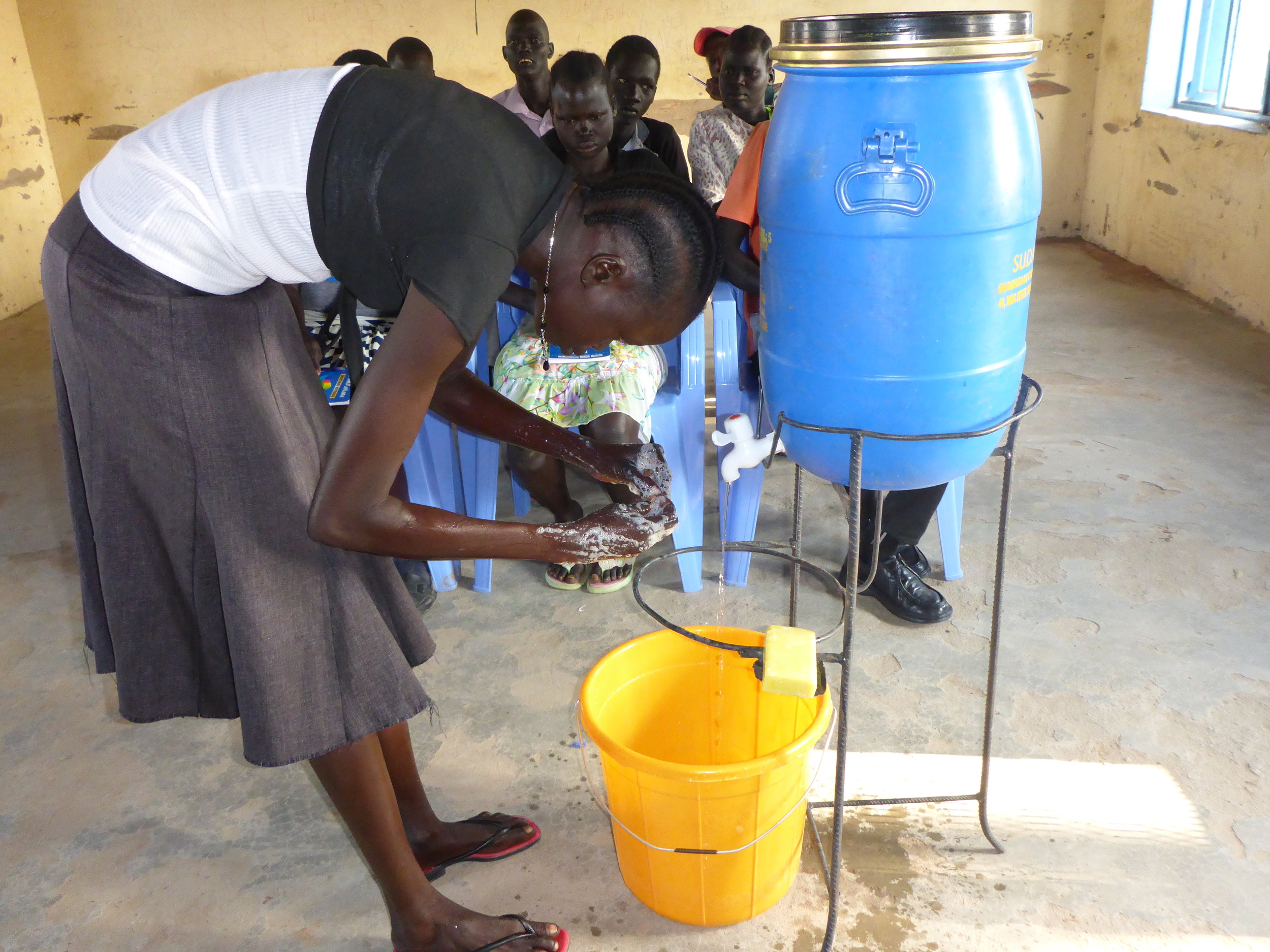 Hygiene education includes hand-washing demonstrations