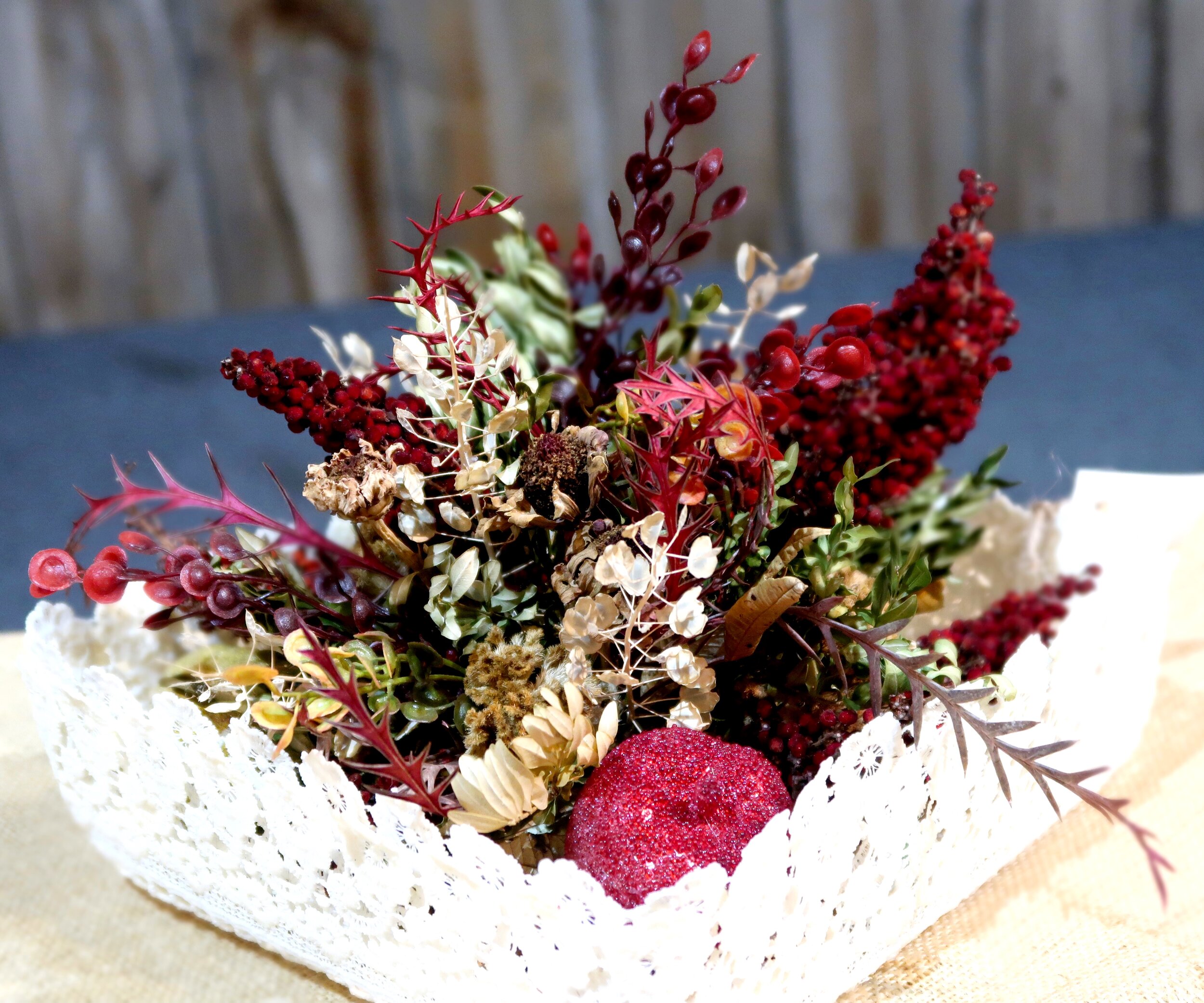 Victorian Everlasting Centerpiece - 9 1/2" tall, 10" square.