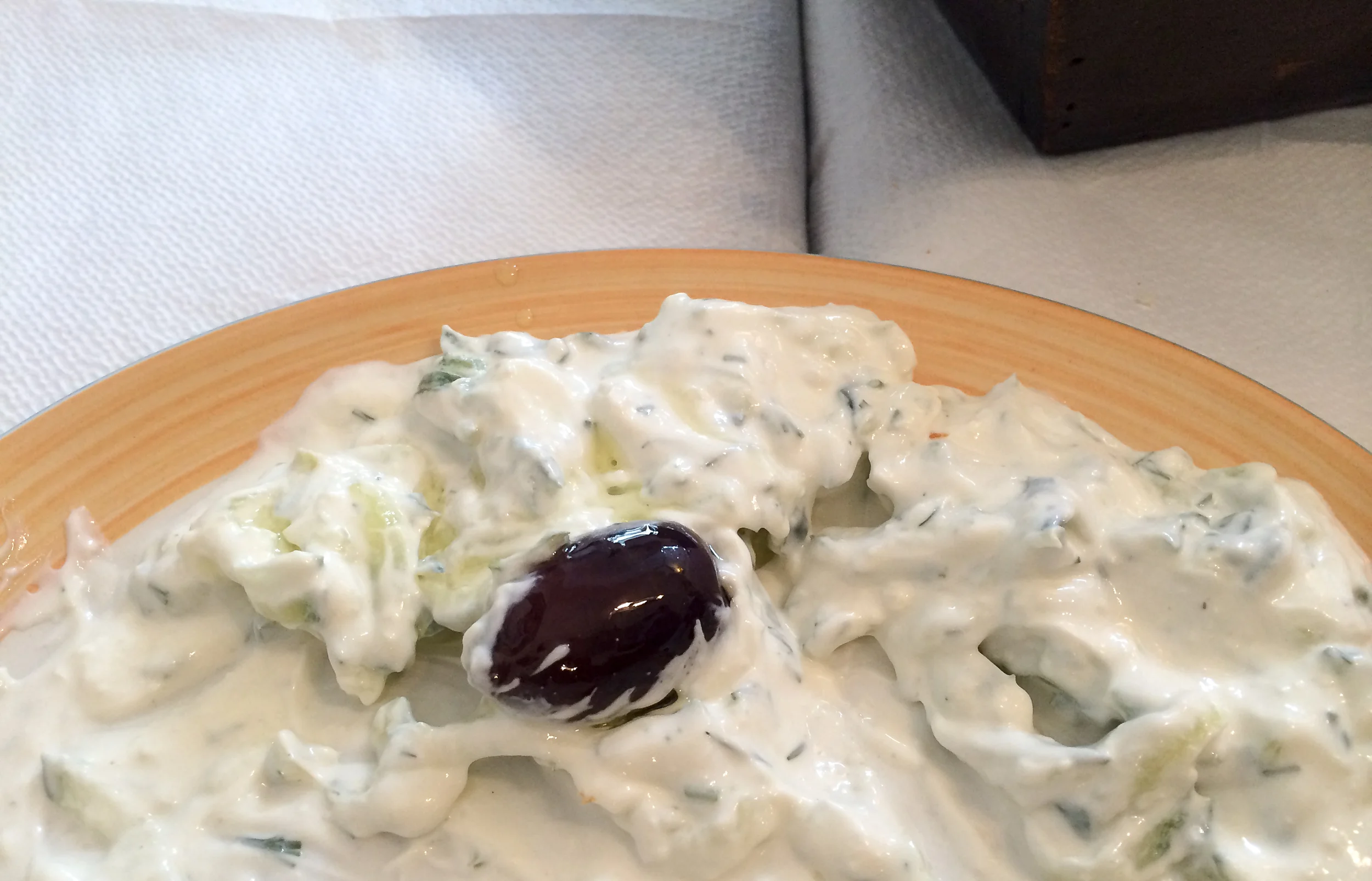 Very garlicky and yummy tzaziki.  
