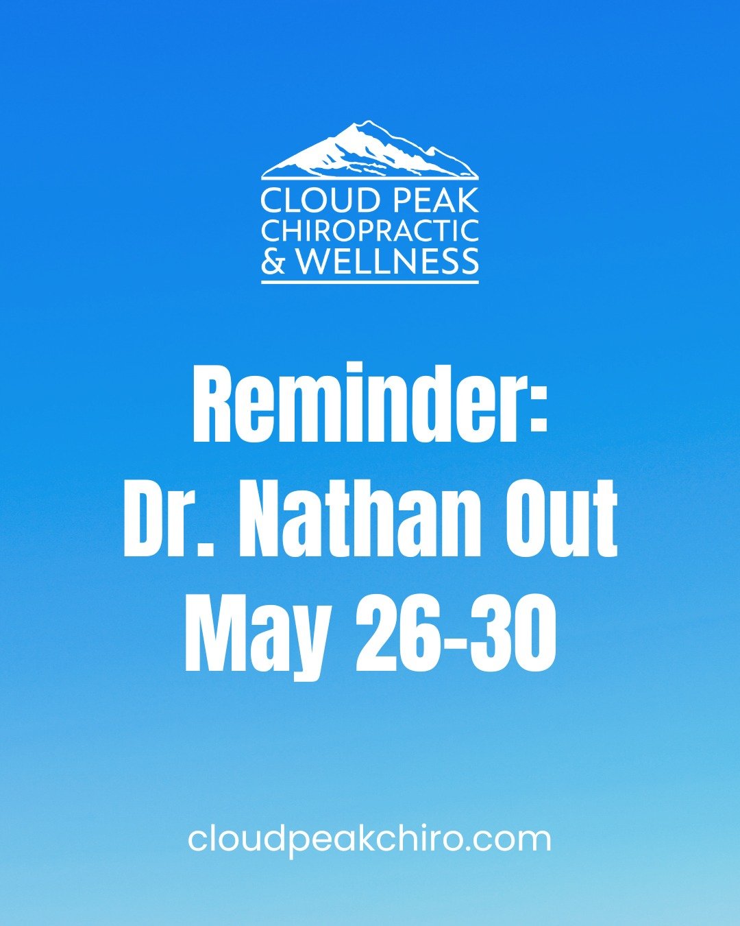 Just a heads-up: We&rsquo;ll be closed this Friday, May 30 while Dr. Nathan is away.

📞 If you need an adjustment this week, don&rsquo;t wait&mdash;text or call the front desk to book before spots run out.