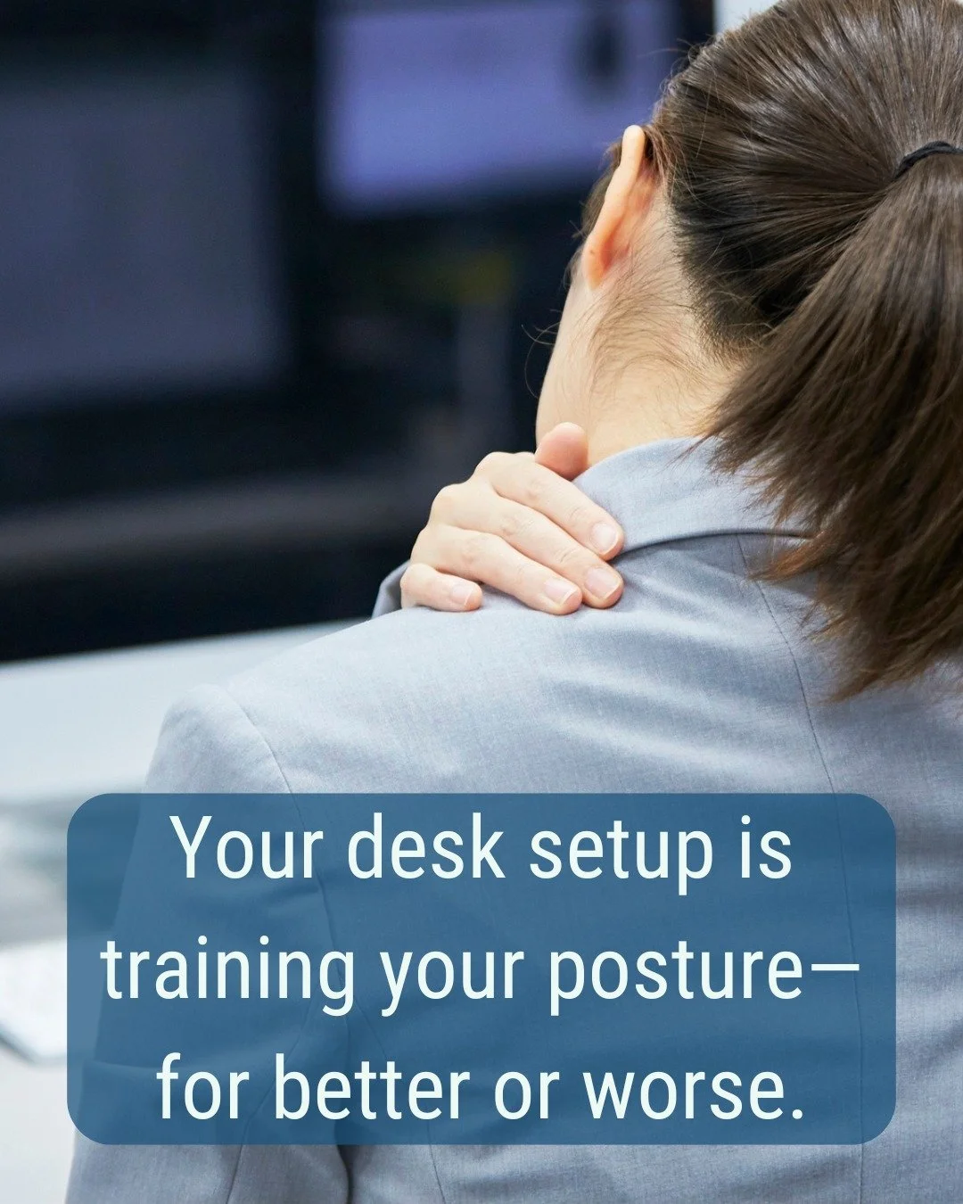 Try these small changes to keep your body happy at work:

 👀 Screen: Top of your monitor at or just below eye level
 🪑 Chair height: Hips and knees at 90&deg;
 💻 Keyboard &amp; mouse: Close to your body, wrists straight
 🚶&zwj;♂️ Move: Stand or s