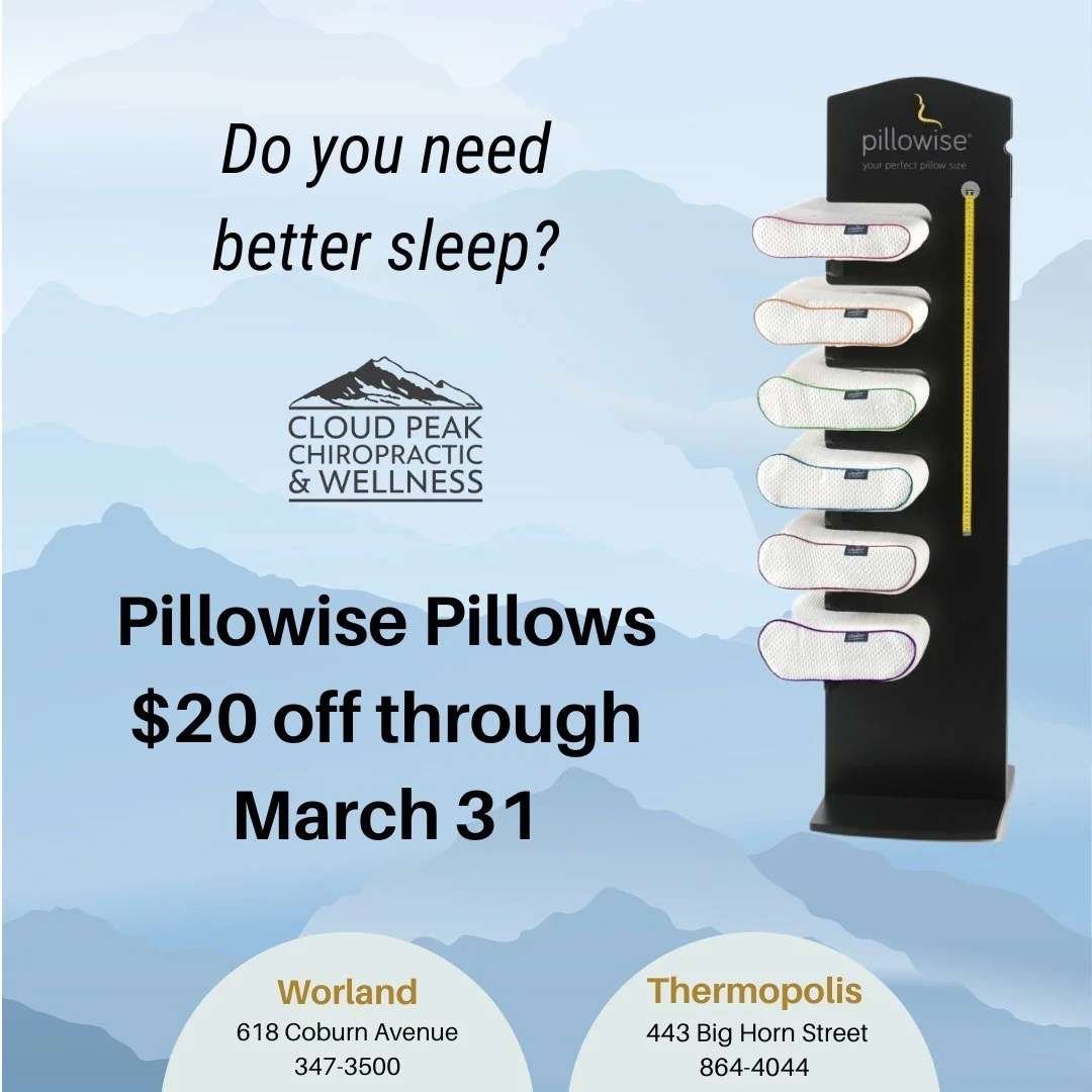 Our Pillowise pillows are on SALE through March - $20 off each pillow!

Does your neck hurt when you wake up in the morning? That's often a sign you need a new pillow.

We have several pillow options at both our Worland &amp; Thermopolis clinics. Our