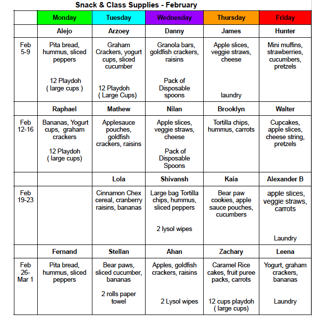 Snack Schedule — Katimavik Co-operative Nursery school