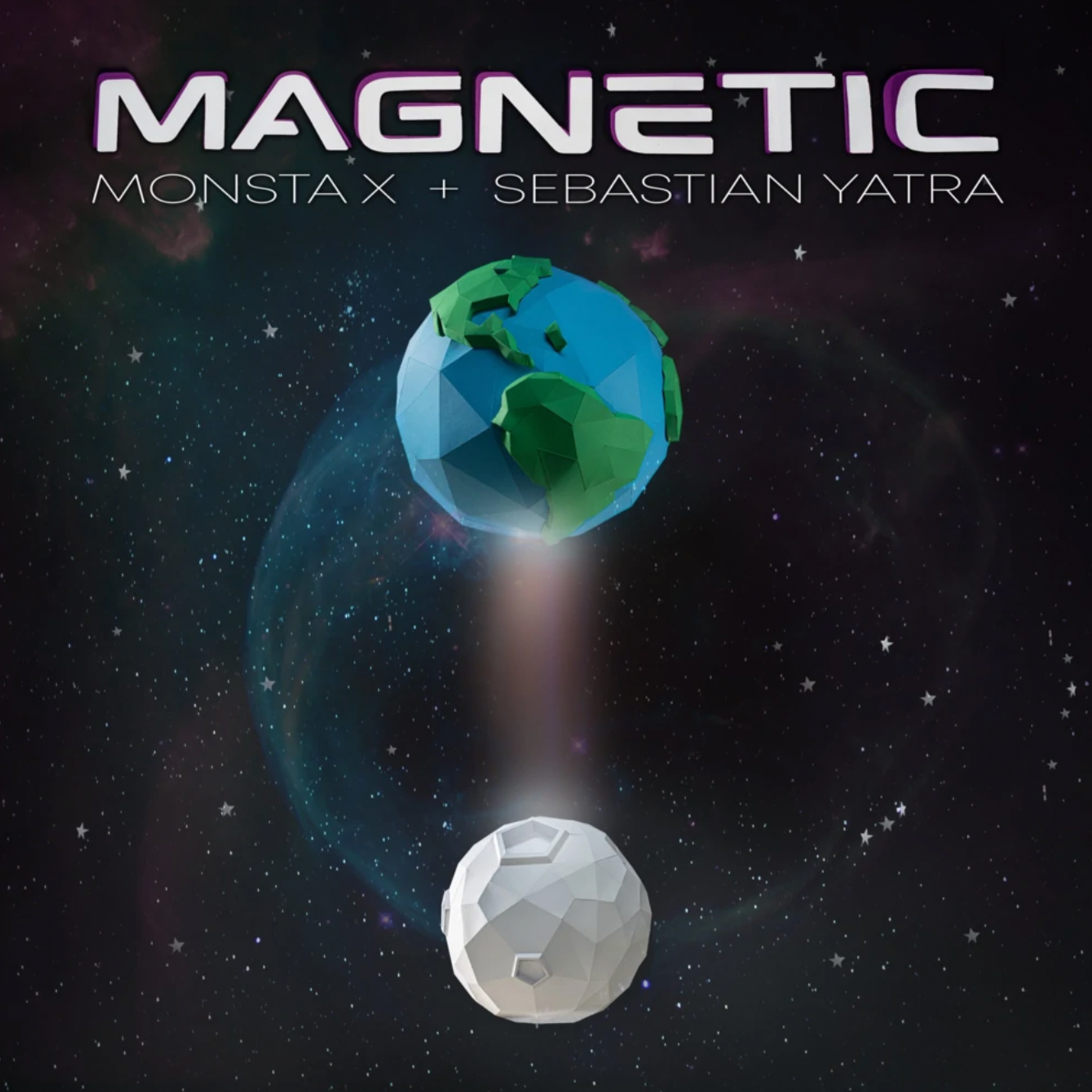 A digital illustration of Earth in space with a moon and a purple and pink nebula background, emphasizing the song "Magnetic" by Monsta X and Sebastian Yatra.