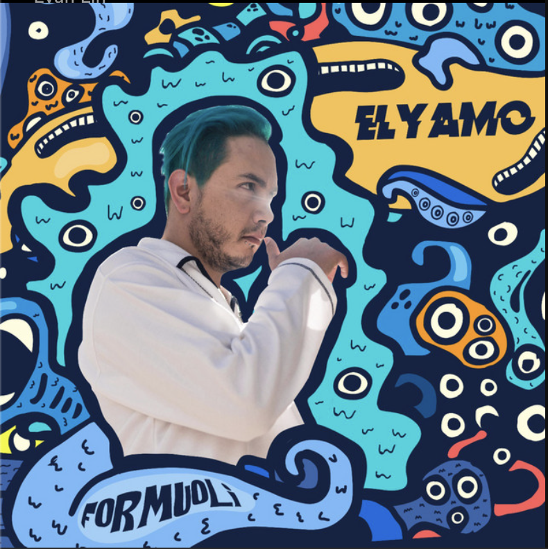 A man with dark hair and beard, wearing a white hoodie, stands with one hand near his face against a vibrant, abstract background featuring colorful cartoonish faces and eyes, with the word 'EL YAMO' and 'FORMULAS' visible.