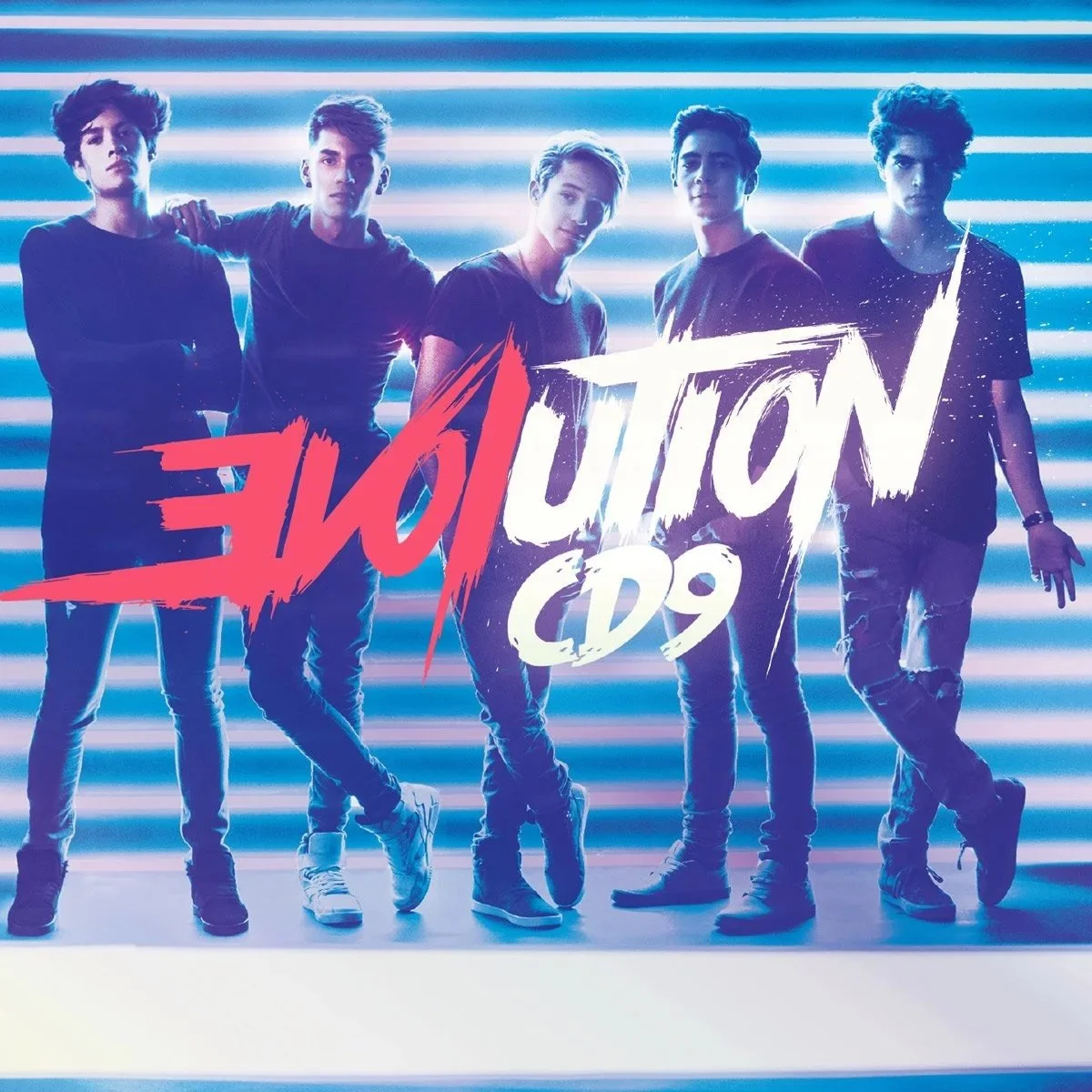 Group of five young people standing in front of illuminated striped background with the words "EVOLUTION C9" in bold, stylized font overlaying the image.