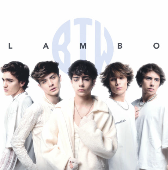 Five young men with styled hair posing in front of a BTS logo with the word LAMB with each letter separated on either side.
