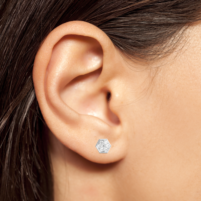 Tiny Diamond Pave Ear Studs on Model by Pratima Design Fine Art Jewelry Maui, Hawaii