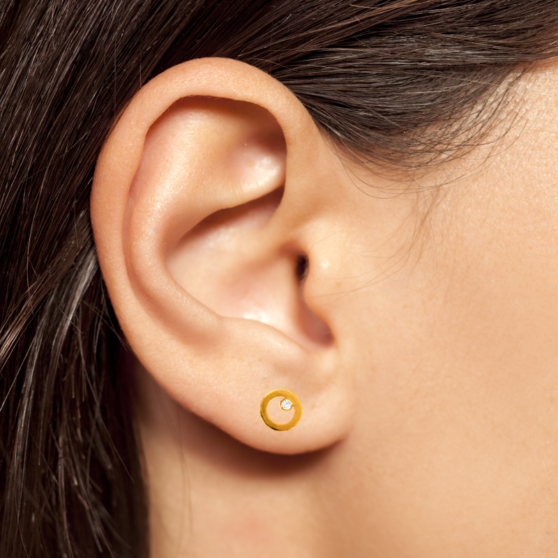 Circle Diamond Ear Studs on Model by Pratima Design Jewelry Maui