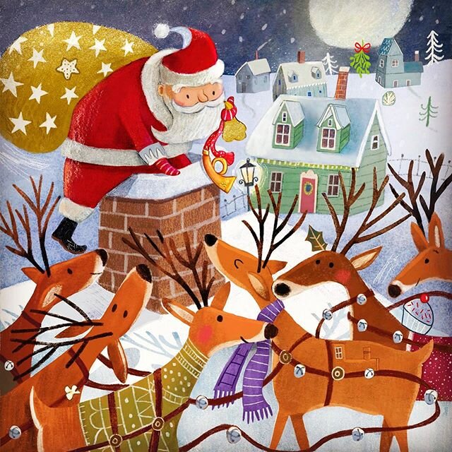 Another hidden picture from &lsquo;Twas the Night Before Christmas published by @highlightsforchildren  Book,train,ladder,popcorn, crown, cupcake,holly leaf, mistletoe, star cookie, icicles, horn, moon. Go!
#hiddenpictures #santa #reindeer #artistson