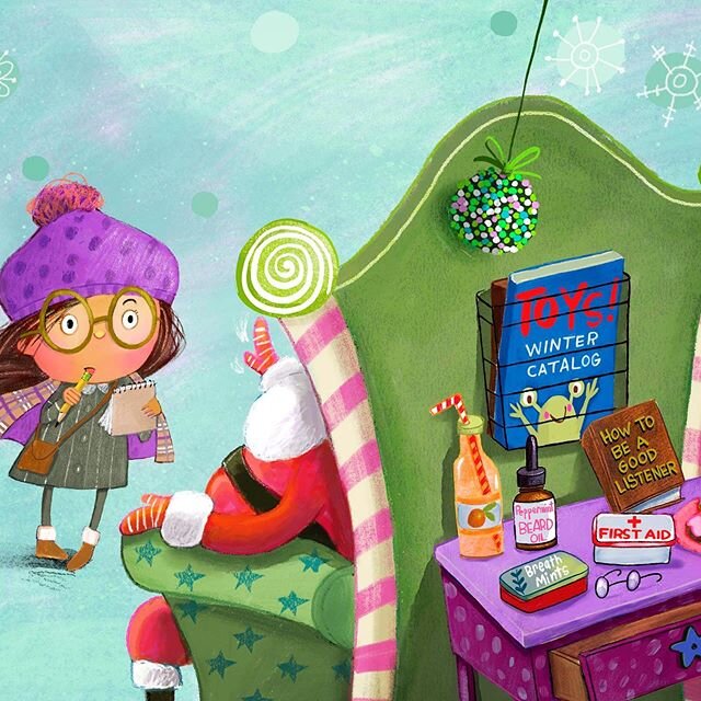 It&rsquo;s official...many Santa sightings out there! But who is the real one?? From Santa&rsquo;s Secret written by Denise Brennan-Nelson and illustrated by me. Never knew there was peppermint beard oil 😊 #deborahmelmon #childrensbookillustration #