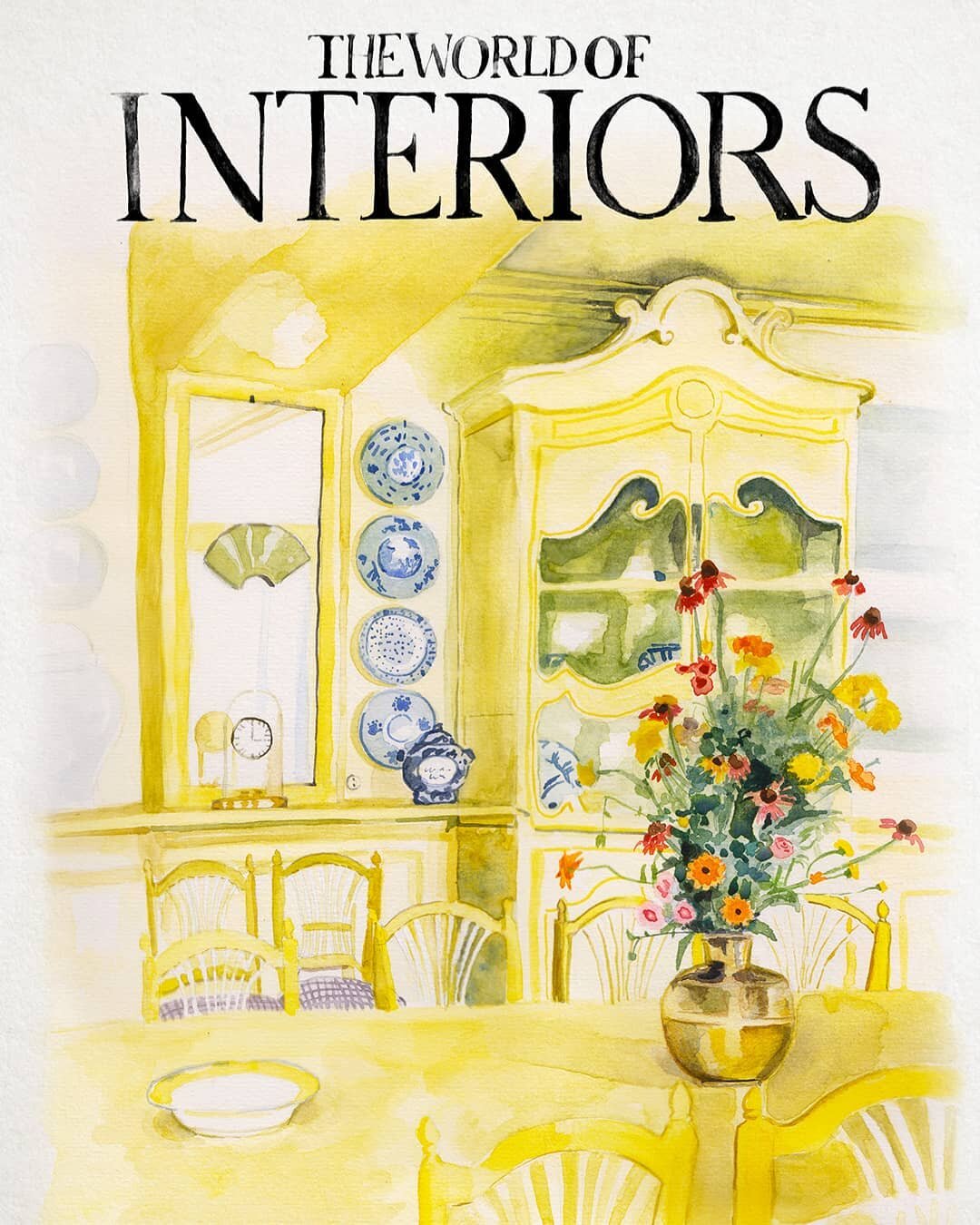 I've spent the past couple of days painting this @theworldofinteriors cover from Decemeber 1981.

It's Monet's dining room in Givenchy, Normandy. I love the contrast between the texture and colours of the flowers to the sharp, uplifting yellow. It's 