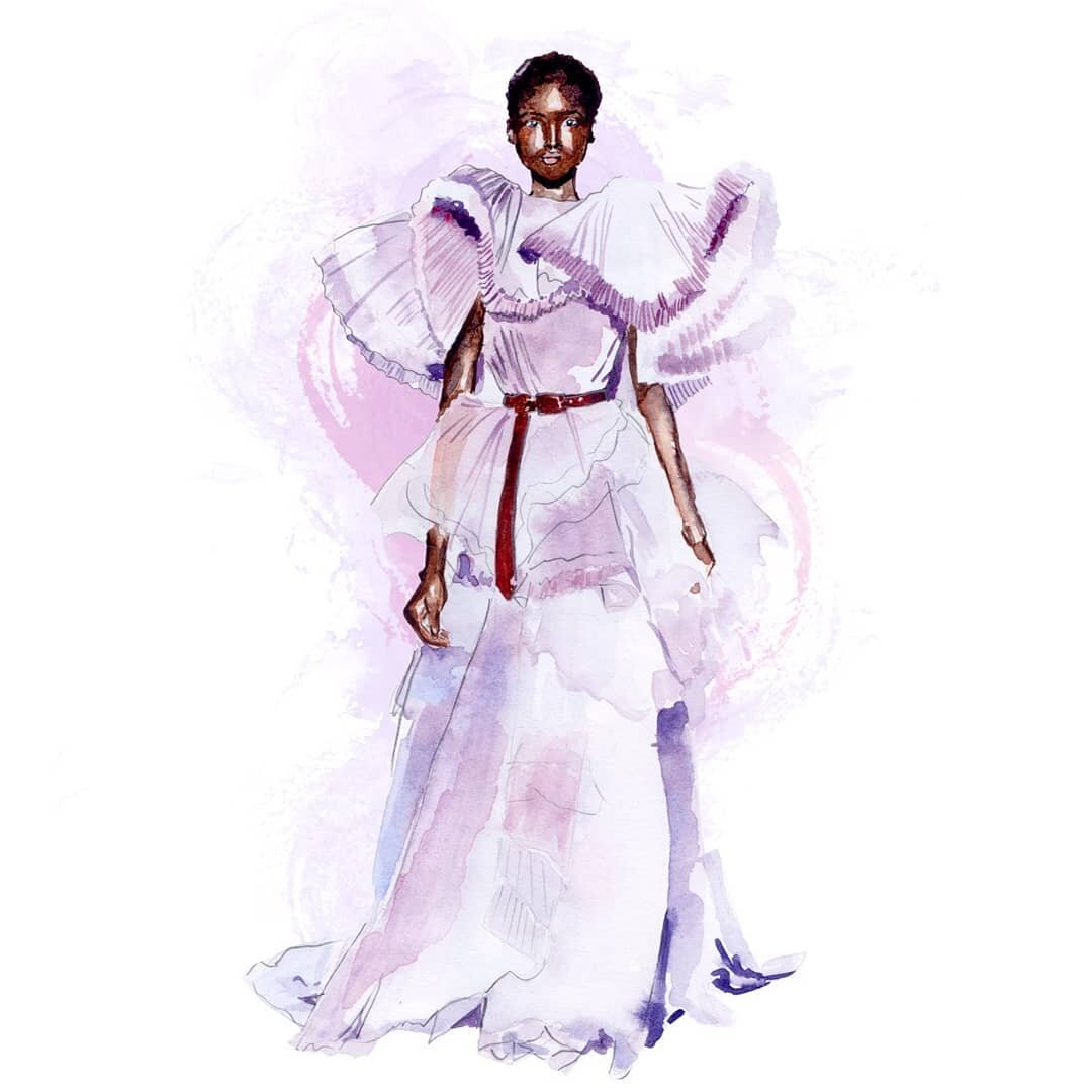 Look 3 from the @Givenchyofficial haute couture Spring Summer 2020 show. I had a lot of fun painting this one 💜 
Artistic Director @clarewaightkeller
Model @ajokmadel .
.
.
.
.
.
.
.
#freelanceillustrator #fashionillustration #catwalk #fashionillust