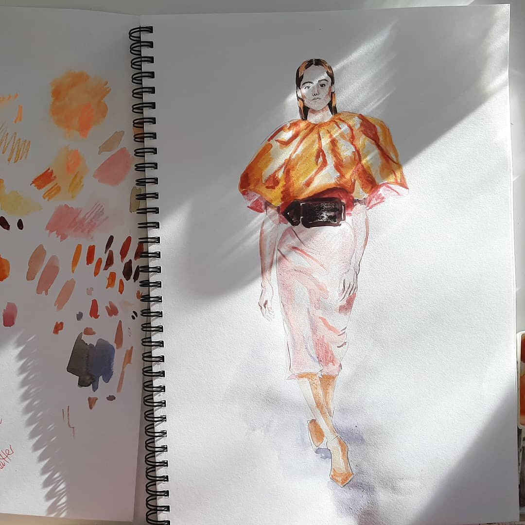 Now I have a little more time I'm getting back into drawing and painting and enjoying the frivolity and fun of fashion. It's very soothing. I'll post the finished version in a few days. This is taken from the @givenchyofficial 2020 #couture show. .
.