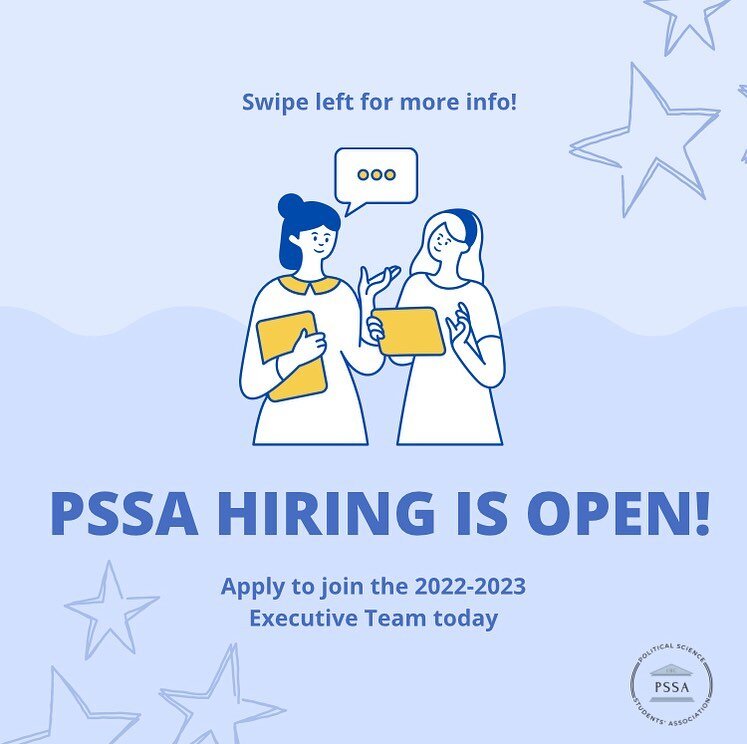 Hi UBC! The PSSA&rsquo;s hiring period for our 2022-2023 executive team is open now 😁 All majors, minors, and year-levels are eligible to apply. For more information about our vacant positions, click the link in our bio at access our hiring package 