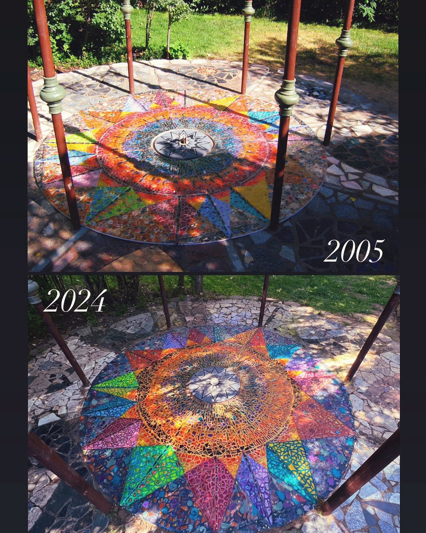 saw Hanzon Studios Restoration has been working on repairing an almost 20 year old glass mosaic piece for a private client! We embraced how the piece evolved over the years with our own homage to the traditional Japanese repair method, Kintsugi✨
