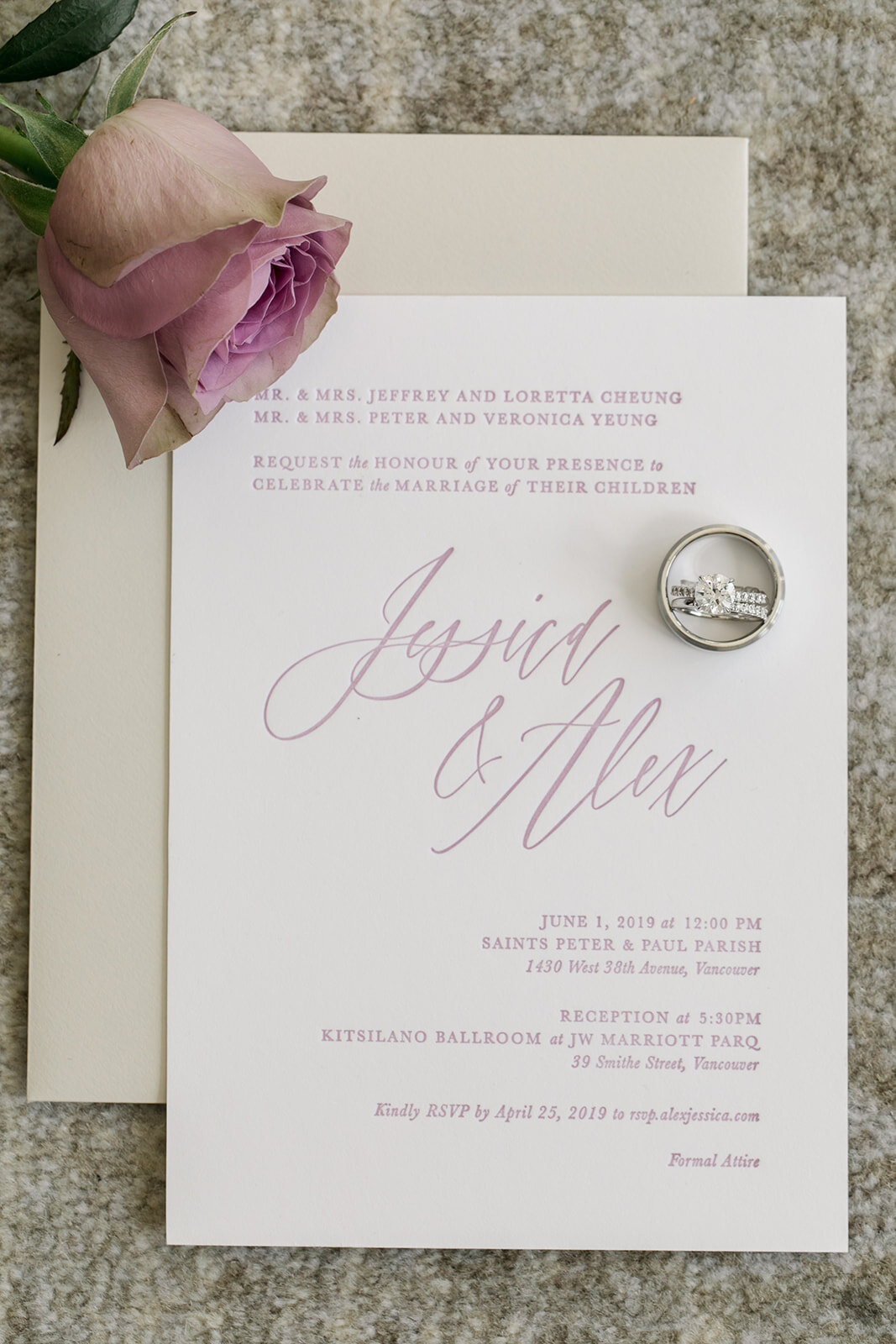 Jessica & Alex JW Marriott Parq Wedding. Wedding letterpress and custom calligraphy Invitation suite with the Bride's engagement rings Keepsake Events