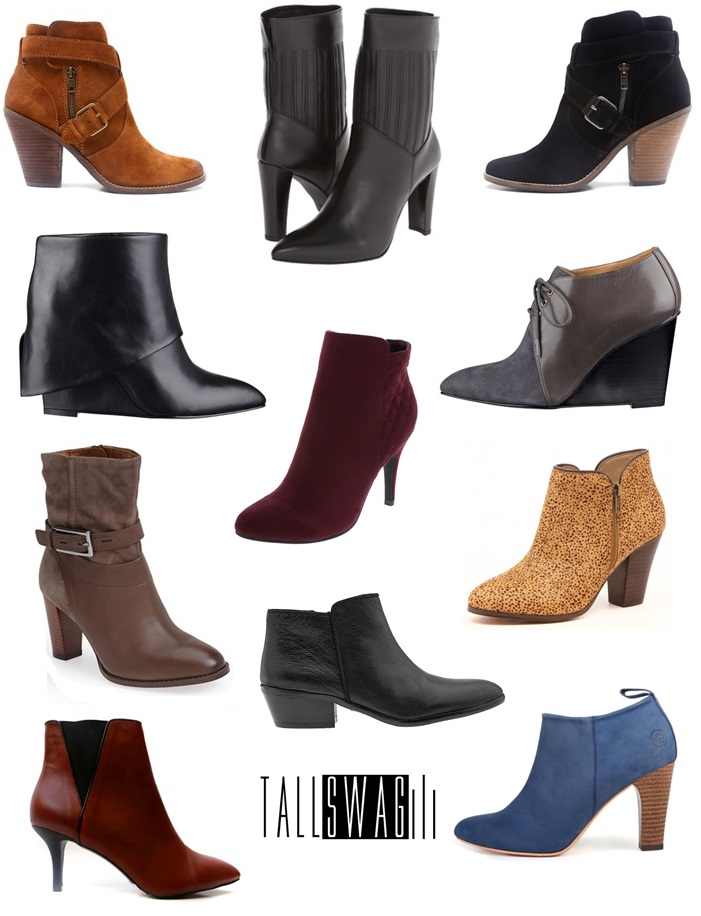 BOOTIES ROCKIN EVERYWHERE (top to bottom, left to right): DV CONARY in brown. Long Tall Sally. Sizes 11-14 / STUART WEITZMAN HIDDEN. Zappos. 5-12 / DV CONARY in black. Long Tall Sally. Sizes 11-14 / HISSYFIT. Nine West. 5-12 / WOMEN'S QUILTED PRESTINE BOOT in wine. Payless. 5-13 / HARTIE POINTED TOE WEDGE BOOTIES. Nine West. 5-12 / CLARKS KACIA GARNET BOOTIES. Nordstrom. Sizes 5-12 / SAM EDELMAN PETTY. Piperlime. Sizes 4-12 / CHELSA. Sole Society. Sizes 4-12 / BAREFOOT TESS DEVON. Long Tall Sally. Sizes 9-15 / CLASSIC ANKLE BOOTIE in Blue Jean Baby. Poppy Barley. Fully Customizable footwear up to sizes 5-12.