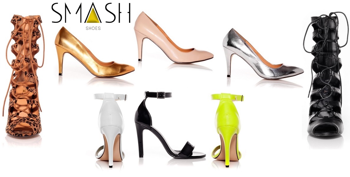 SMASH SHOES (left to right, top to bottom): ROLLIE in Leopard / AMBER in gold / AMBER in nude / AMBER in silver / ROLLIE in black / PLEI in white / PLEI in black patent / PLEI in florescent green . All styles come in sizes 10-13 with price points ranging from $49-$99.