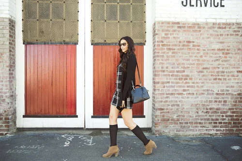 Tall Black Check Dress - NEXT / Easy Knit Cardigan - LONG ELEGANT LEGS / Long Sleeve Jersey Body - TTYA for LONG TALL SALLY /Lace Up Booties - Z LONDON FOR PAYLESS/Knee High Socks - TARGET/ Mini Dome Satchel Bag - THE LIMITED / Sunnies - COLLAGE CLOTHING LOUNGE Photo Credit: Lindsay Carlisle
