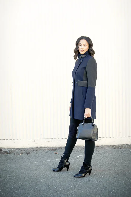 Tall Clean Zip Coat - NEXT / Trendsetter Leggings (36" inseam) - LEL /Dome Satchel - The Limited/Booties (size 12) - Payless