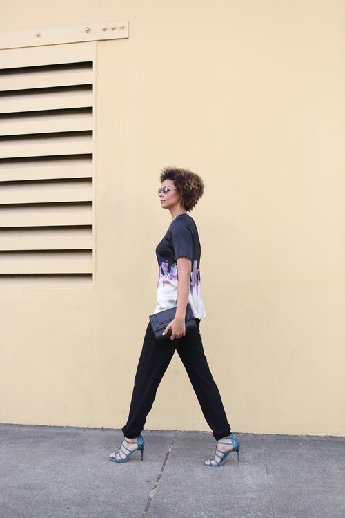 Gitte Silk Print Top - MARGE /Joggers (36") - Long Elegant Legs/ Heather Snakeskin Heel - Christian Siriano for Payless (up to size 13. On sale for $15)/Sunnies and neck piece - Forever 21/Clutch H&M Photo Credit: Meg Russell