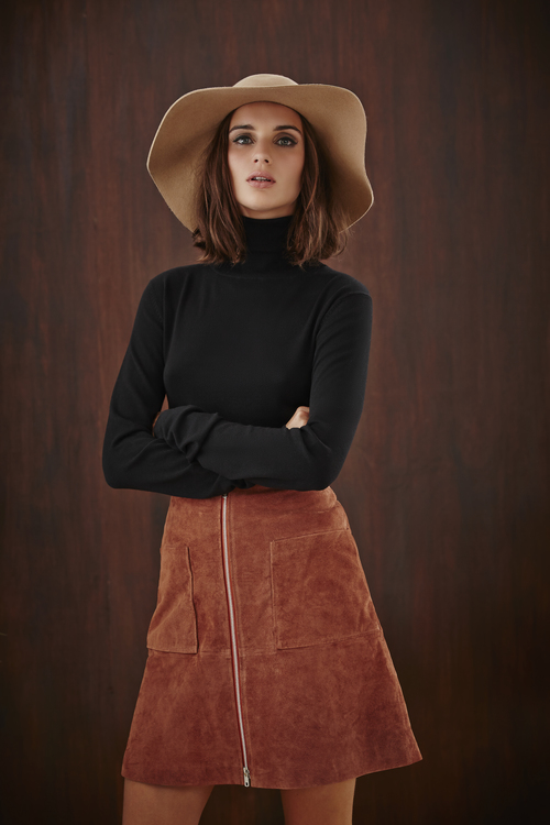 Polo Neck Knit Shirt and Suede Utility Mini Skirt 