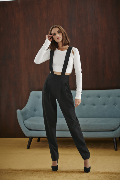 Textured Cut Out Crop Top and Trouser with Braces