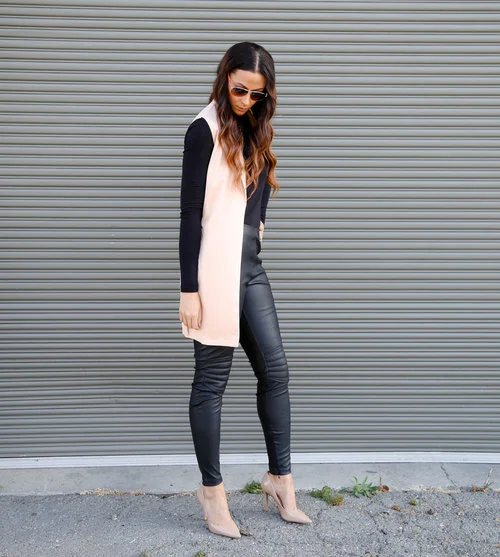 Khaki Sleeveless Lapel Vest - She In /Tall Faux Leather Pants and Bodysuit - Taller Than Your Average for Long Tall Sally /Pumps - Jessica Simpson Collection via Nordstrom Rack/Dress - Collage Clothing Lounge/Bracelet and Sunnies - Forever 21 Photo Credit: Lakeela Smith Photography