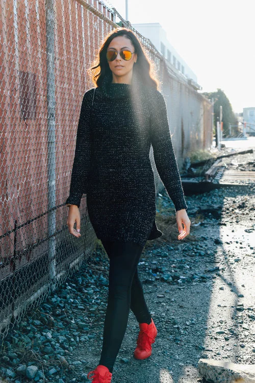 Chunky Oversized Sweater (shown in size M/L)- THE HEIGHT / Converse All-Star Fresh (shown in a men's size 10) /Leather Look Leggings (Shown in size M. Similar HERE .) - Long Tall Sally/Sunnies - Target/Bag - Thrifted Photo Credit: Lakeela Smith Photography