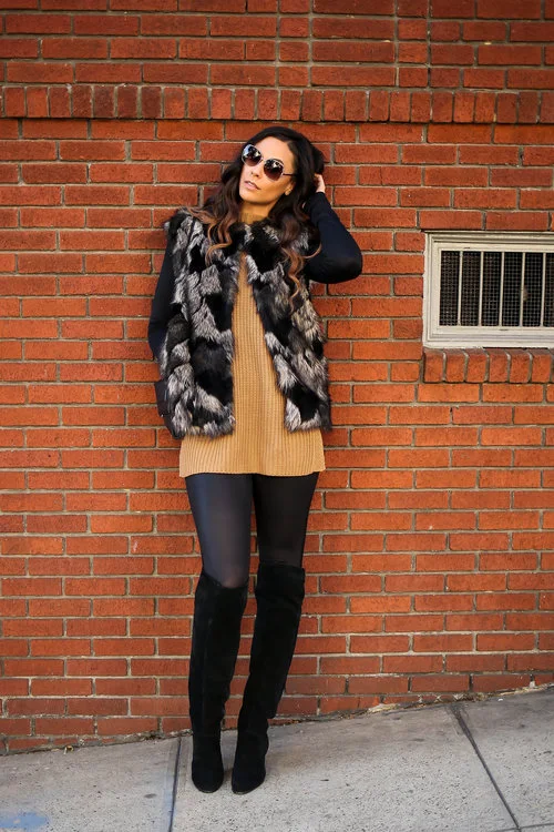 Tall Leather Look Leggings - Long Tall Sally ( similar here )/BFT Over-The-Knee Boots - Long Tall Sally ( similar here )/Tall Bodysuit - Taller Than Your Average for Long Tall Sally ( similar here )/Faux Fur Vest, Sleeveless Camel Sweater and Shades - Forever 21/Clutch - H&M Photo Credit: Meg Russell Photography