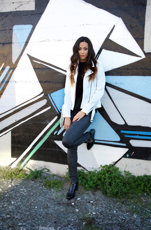 High Rise Leather Skinny in 38" - Amalli Talli / BFT Celena Patent Leather Boots (shown in a size 12) - Long Tall Sally /Scuba Jacket - Taller Than Your Average for Long Tall Sally/Sheer tank - Thrifted/Hair - Perfect Locks Photo Credit: Marc Allen